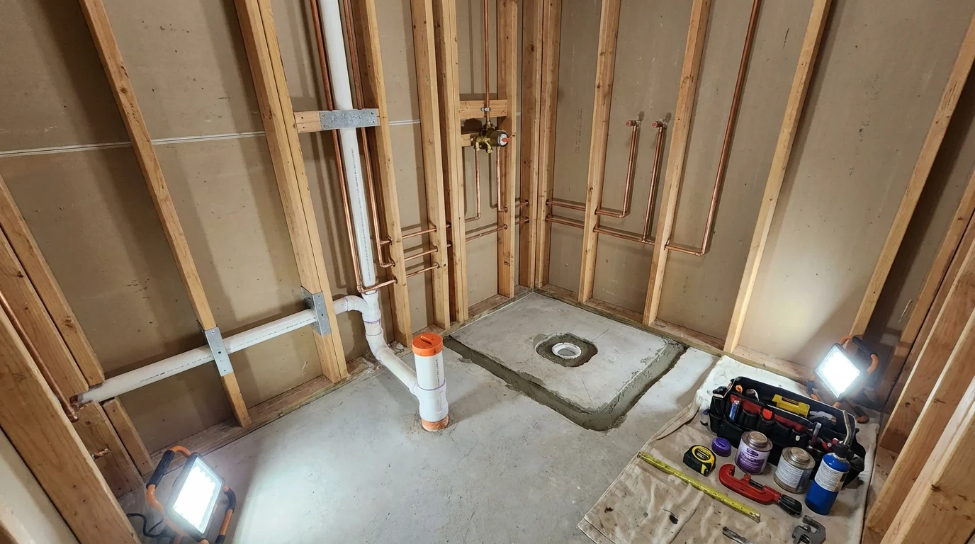 Bathroom rough-in plumbing during remodel by Johns Plumbing LLC in Paradis