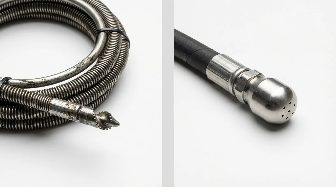 Drain snake cable and hydro jetting nozzle used for drain cleaning in Paradis, LA