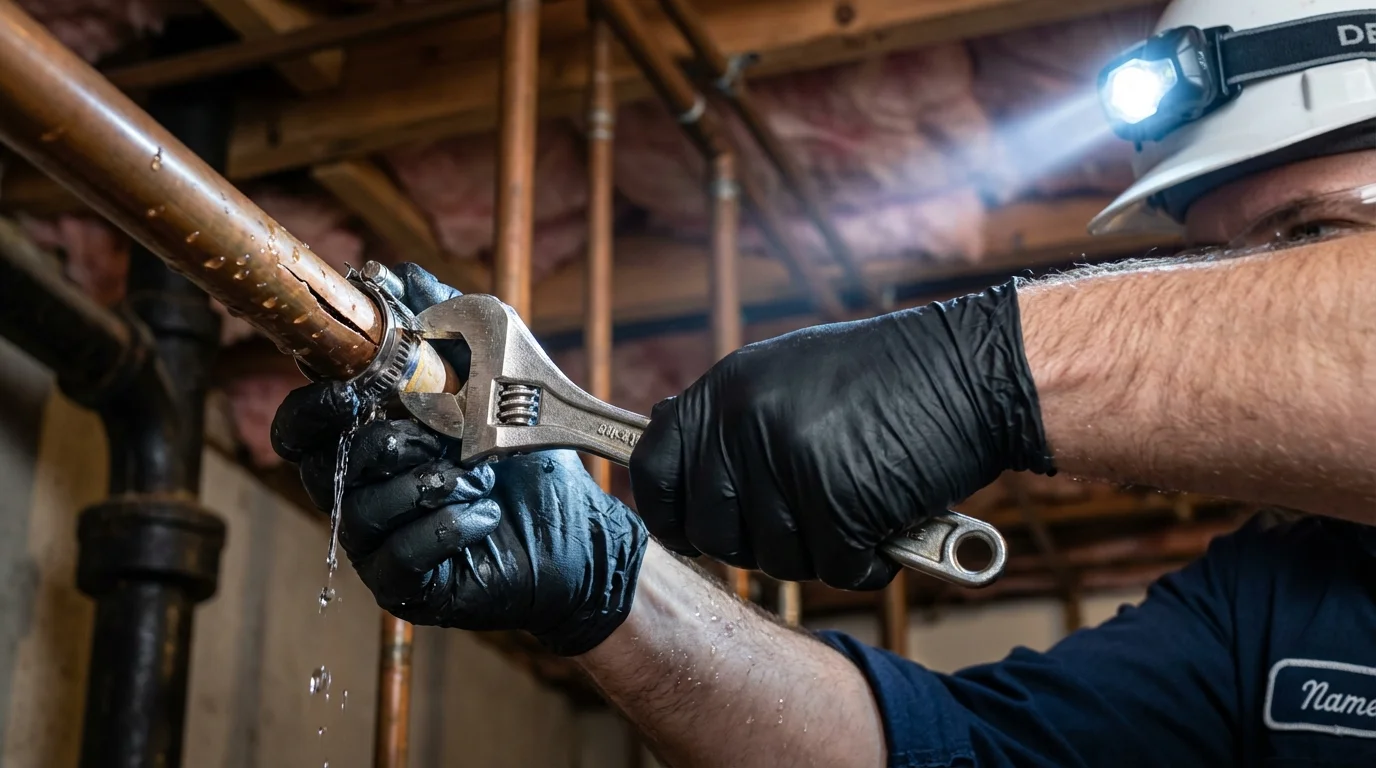 Emergency pipe clamp repair being performed by a Johns Plumbing LLC plumber in Paradis