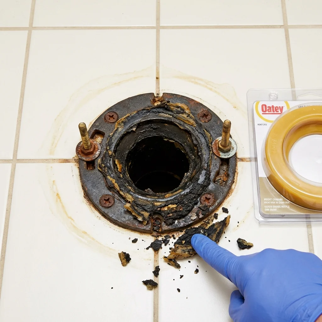 Failed wax ring showing water seepage at the base of a toilet in a Paradis, LA home