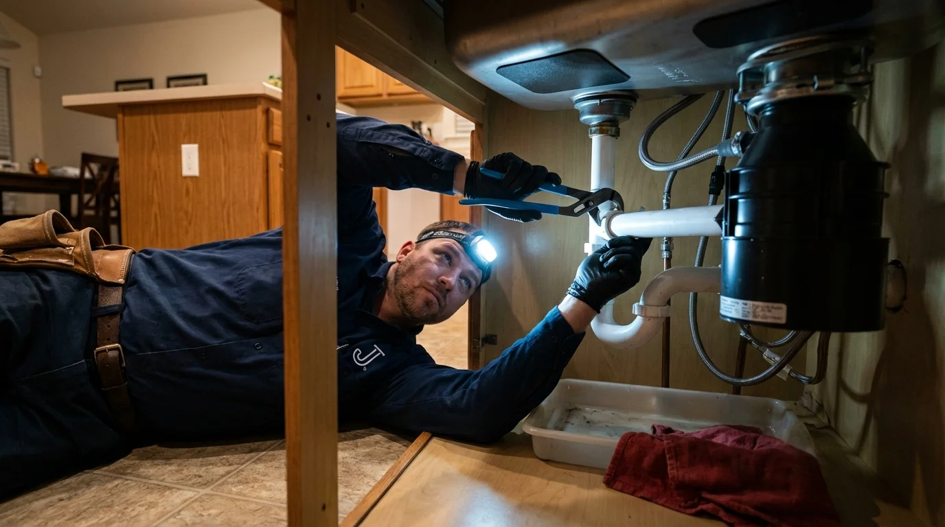 P-trap and supply line connections under a kitchen sink showing a common leak point in Paradis, LA